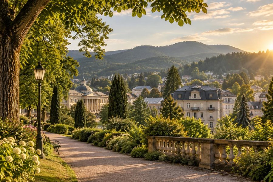 KI-generierte illustrative Ansicht einer historischen Kurstadt mit Parkweg, klassischer Architektur und bewaldeten Schwarzwaldhängen