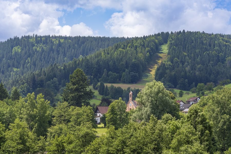 Blick aus Nordosten auf die Ortsmitte von Enzklösterle mit umgebender Natur