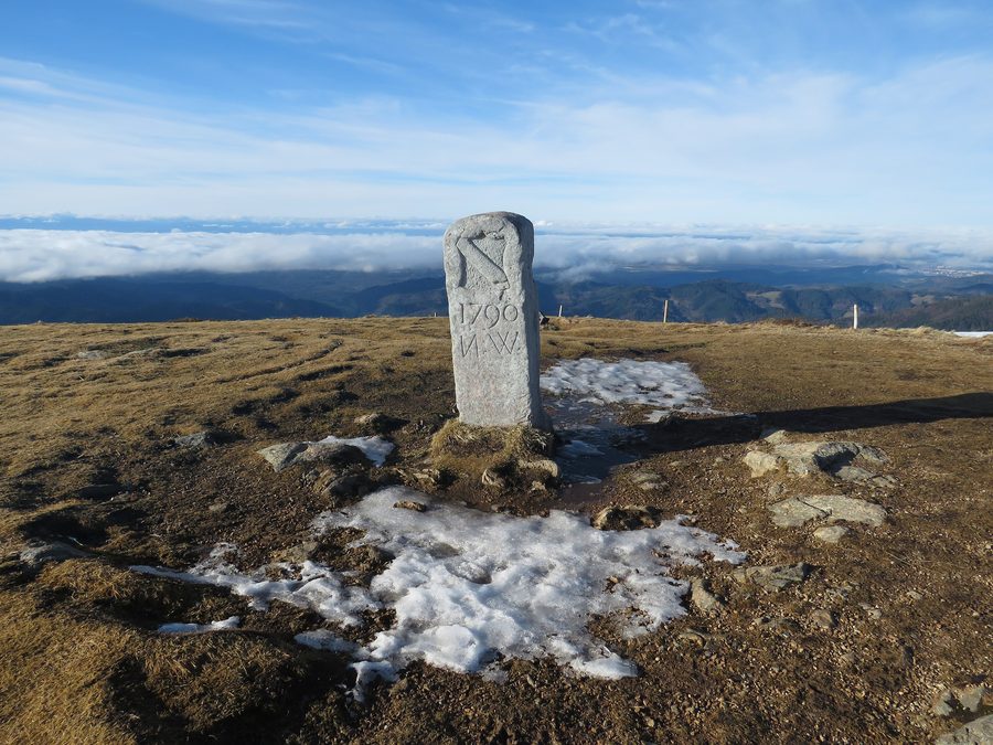 Grenzstein nahe dem Gipfel des Belchen im Schwarzwald