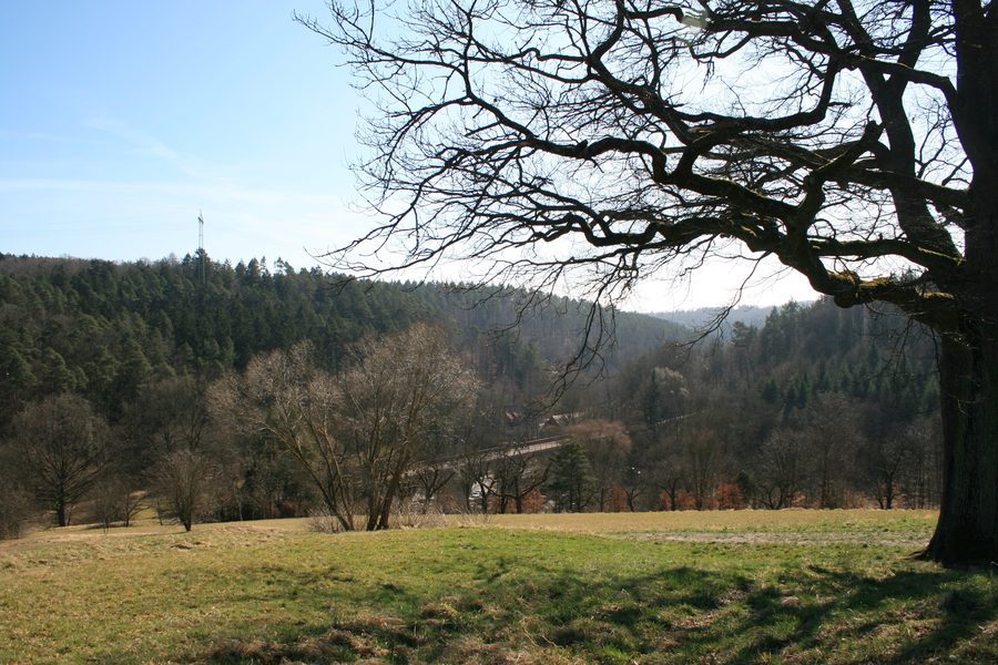 Siebenmühlental viewed from the Musberger Eichberg, with a bike path in the foreground