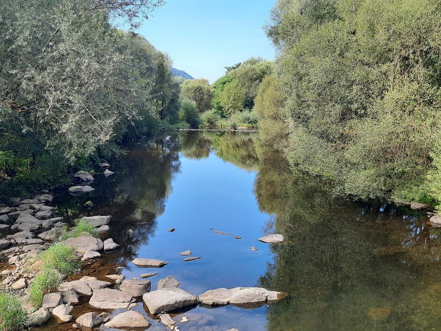 Blick auf die Wiese bei Maulburg von einer Brücke flussabwärts