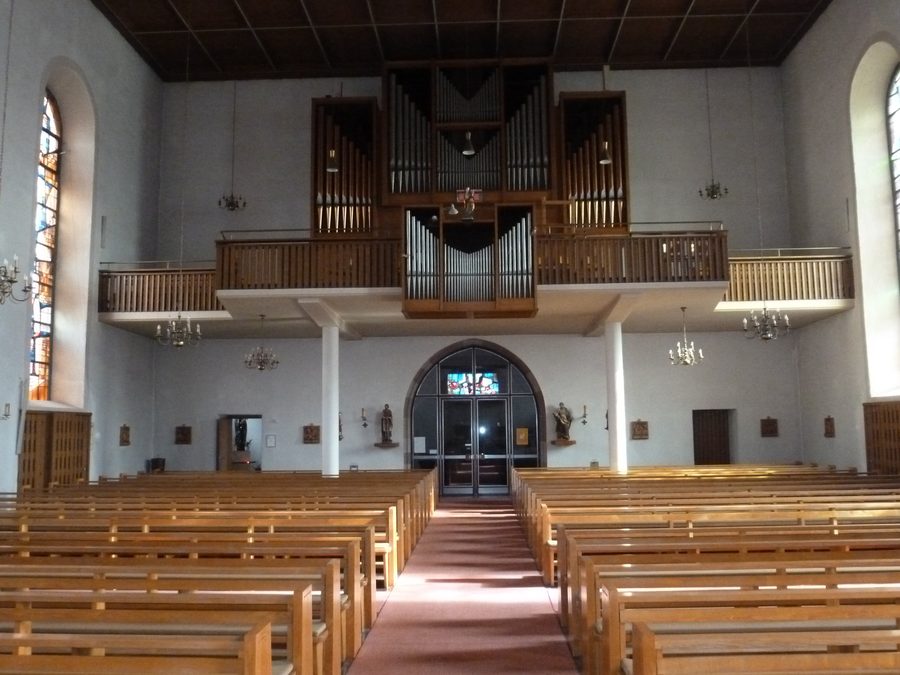 Interior of St. Nikolaus Church in Ichenheim, viewed toward the main entrance