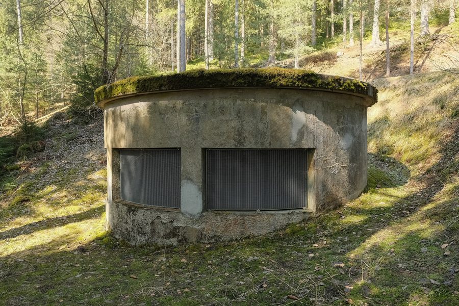 Buttress dam Linachtalsperre with surge tank near Vöhrenbach in Baden-Württemberg