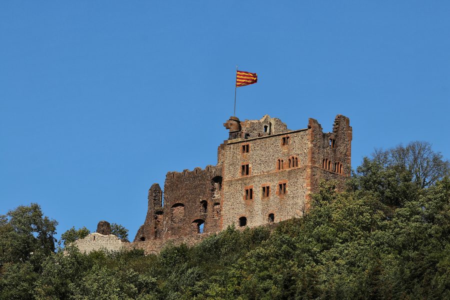 Panoramic view of Hohengeroldseck castle ruin from the castle chapel in Schönberg, Seelbach