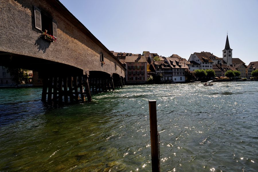 Wooden bridge over the river Rhine between Diessenhofen and Gailingen