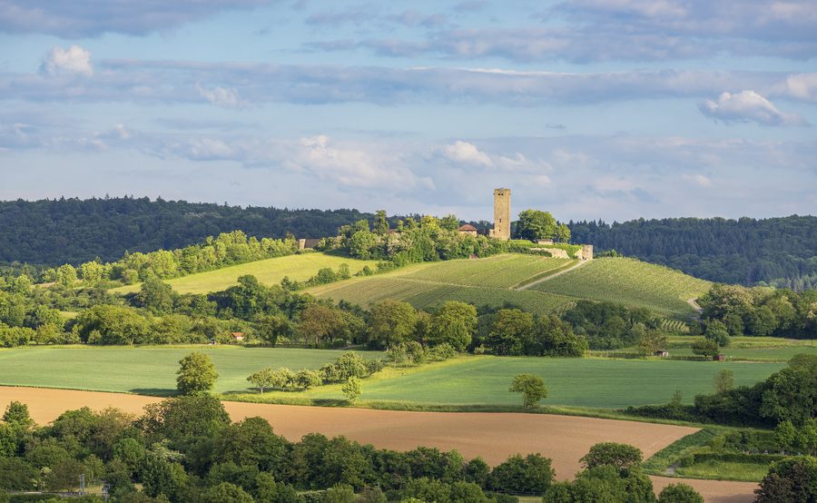 Ansicht der Ravensburg bei Sulzfeld aus Nord-Nordwesten mit Landschaft im Vorder- und Hintergrund
