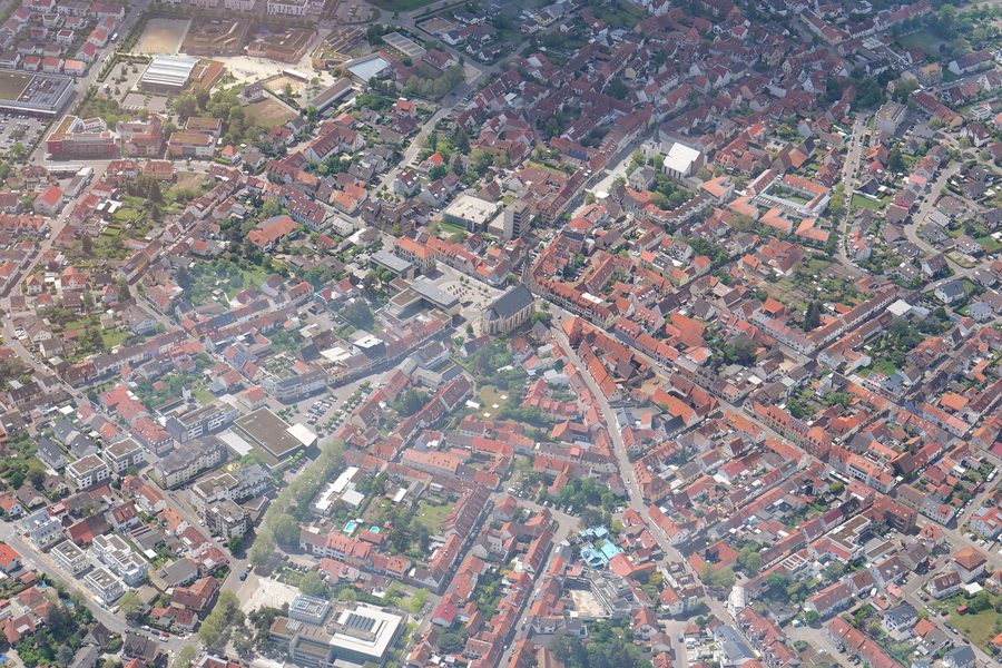 Aerial view of the centre of Walldorf with the town hall and Protestant town church