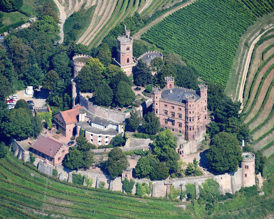 Luftaufnahme von Schloss Ortenberg mit den umliegenden Weinbergen