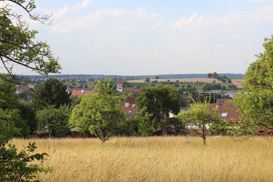 Blick auf Neuhausen vom Galgenberg mit der Kapelle St. Wendelin und dem Ortsteil Hamberg am Horizont