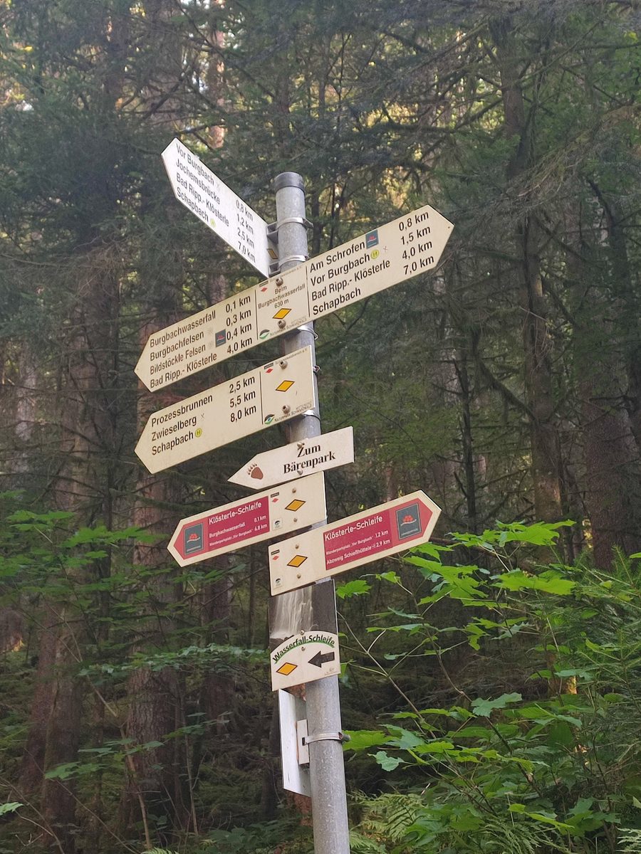 Wegweiser „Beim Burgbachwasserfall“ im Schwarzwald
